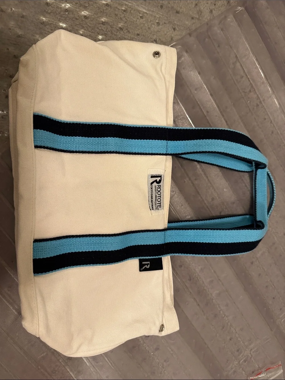 Cream Canvas Tote with Blue & Black Straps